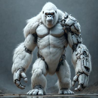 The primary subject of the image is a large, white, and furry gorilla with a mechanical arm. The gorilla is standing on a dirt ground, and its mechanical arm is prominently displayed. The setting appears to be a dark, industrial environment, with the gorilla as the main focus of the scene. The visual style of the image is a combination of photo and digital art, creating a unique and intriguing scene. The colors and mood of the image are dark and mysterious, with the mechanical